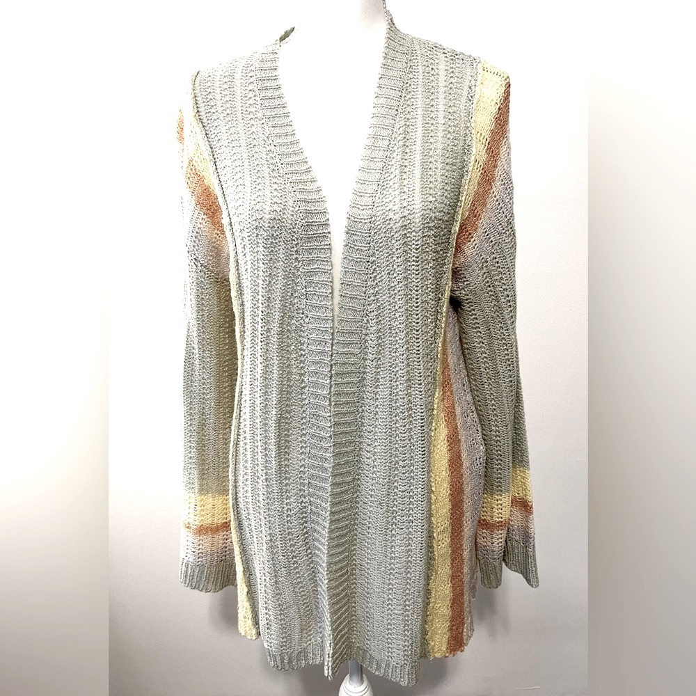 Mystree Open Front Lightweight Cardigan in Sage Green with Pastel Stripi…